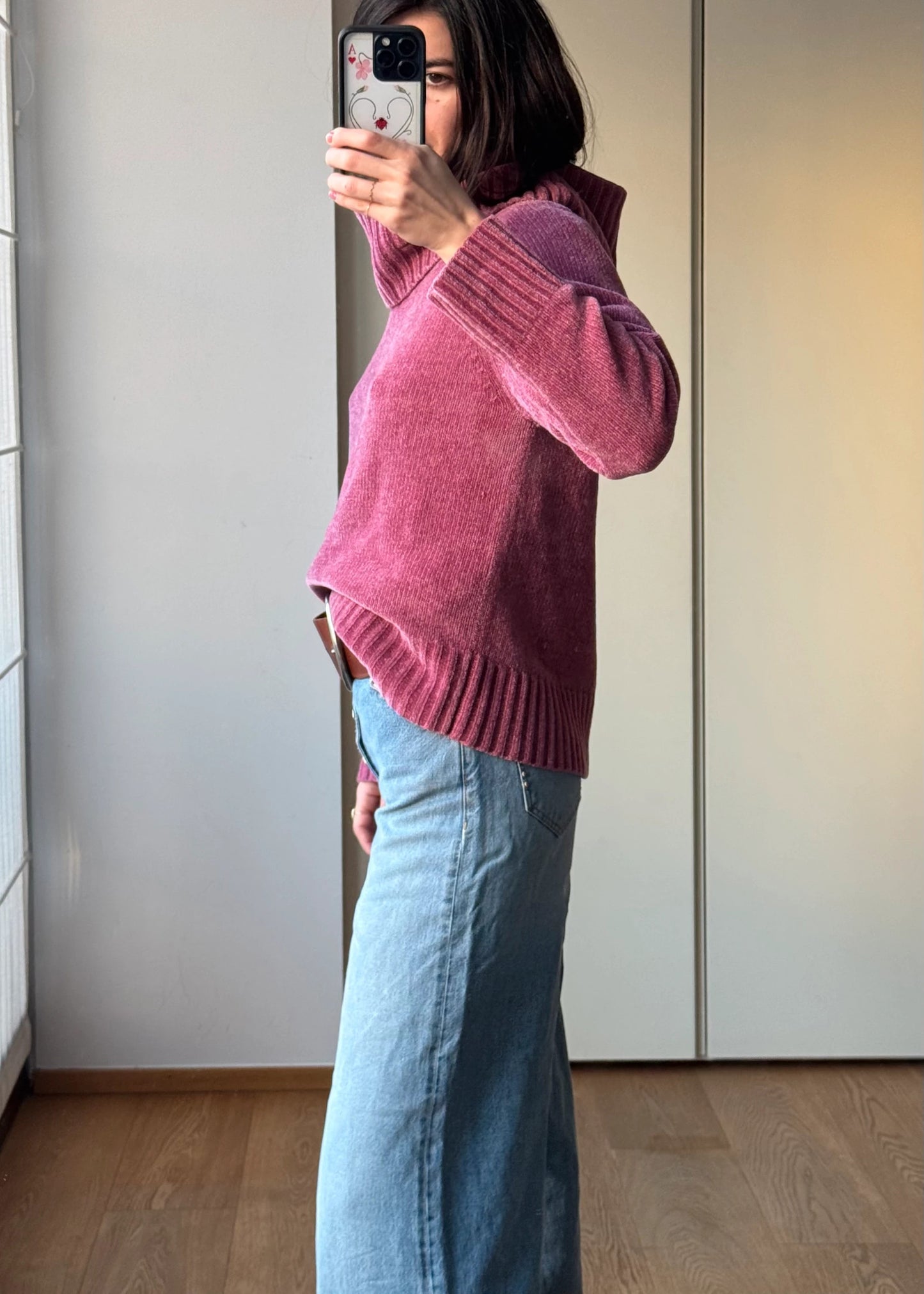 Maglione Rosa in ciniglia a Collo Alto