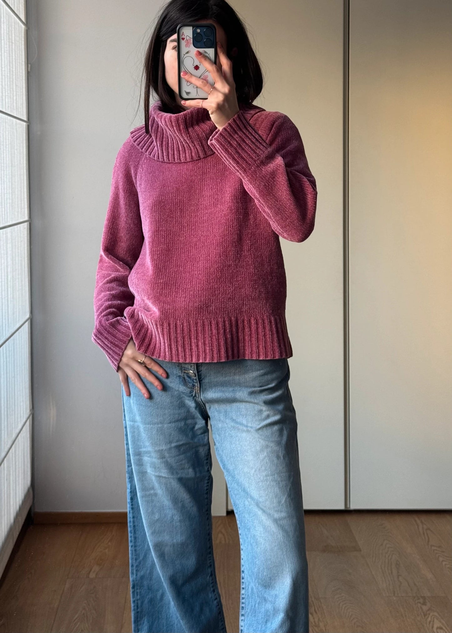 Maglione Rosa in ciniglia a Collo Alto