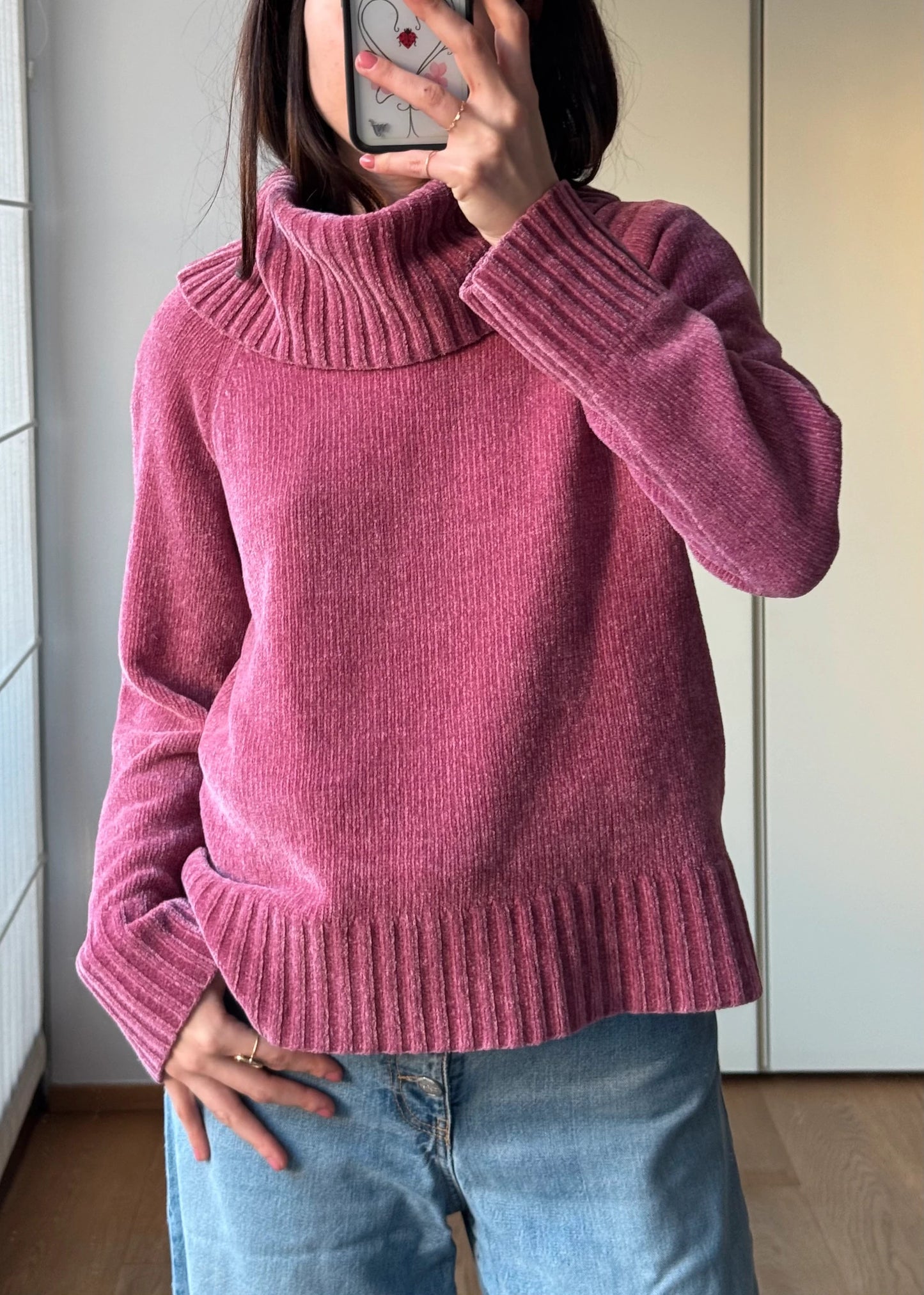 Maglione Rosa in ciniglia a Collo Alto