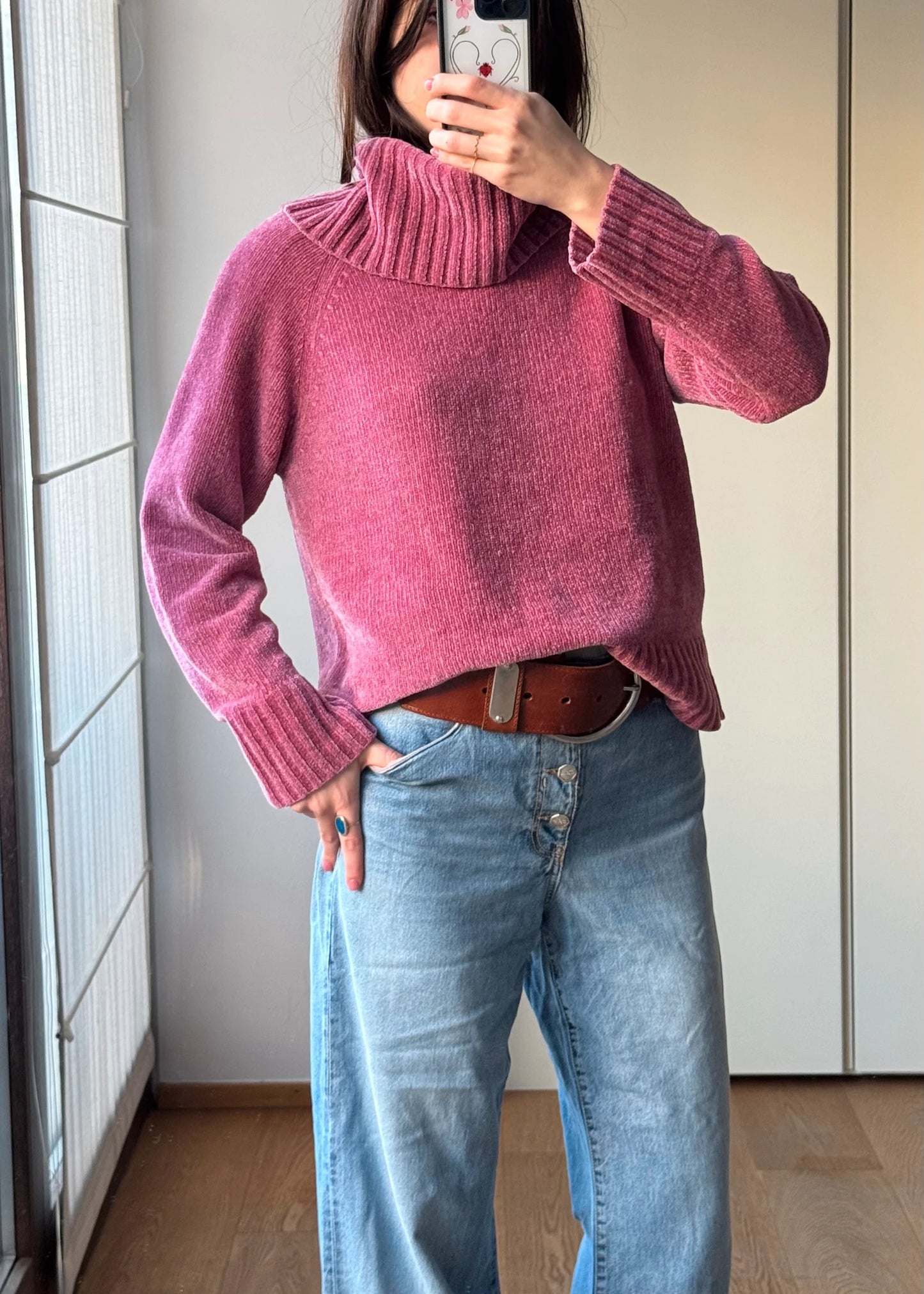 Maglione Rosa in ciniglia a Collo Alto