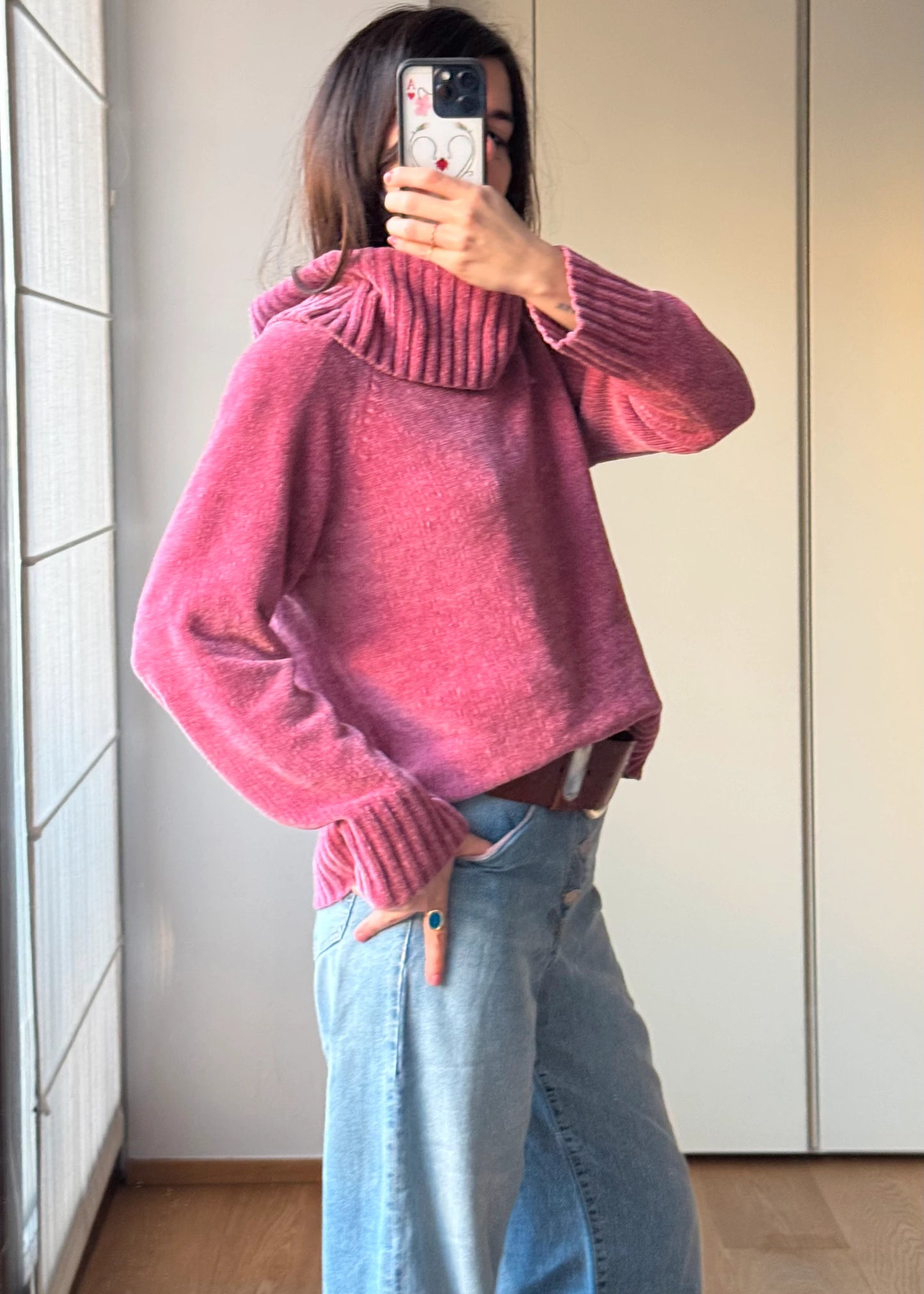 Maglione Rosa in ciniglia a Collo Alto