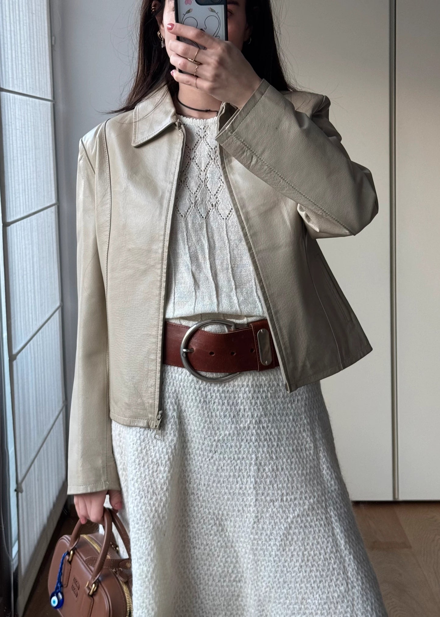 Giubbino giacca di Pelle Vintage y2k Avorio / bianco