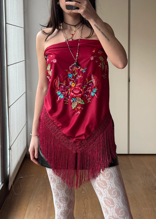 Scialle vintage Rosso bordeaux Ricamato con Frange