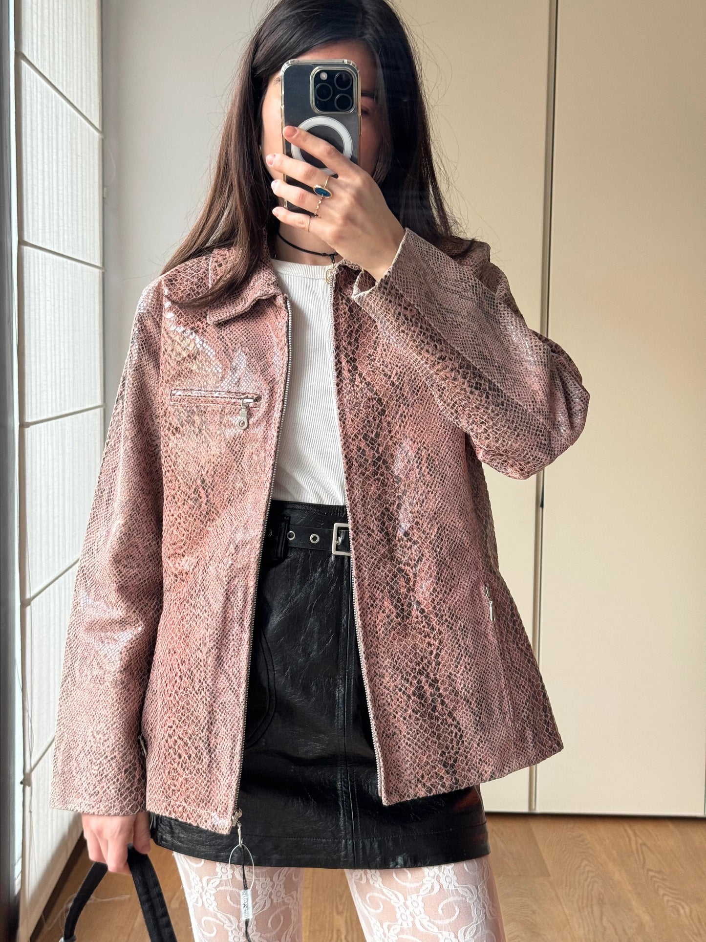 Giacca vintage in Pelle Stampa Pitone Rosa