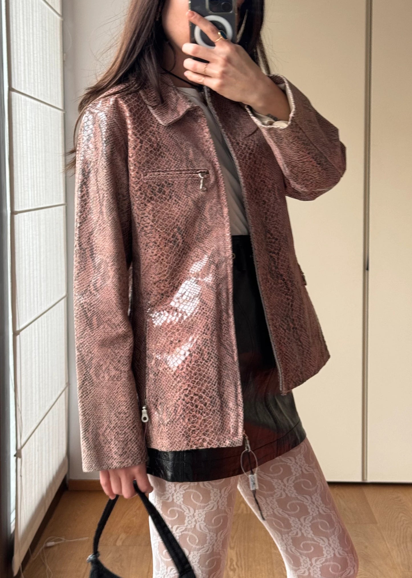 Giacca vintage in Pelle Stampa Pitone Rosa