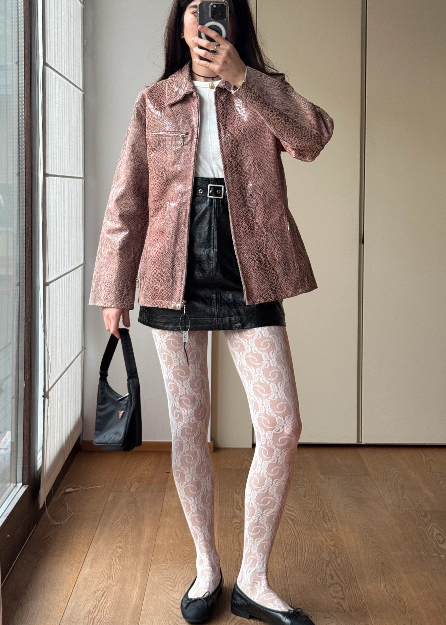 Giacca vintage in Pelle Stampa Pitone Rosa