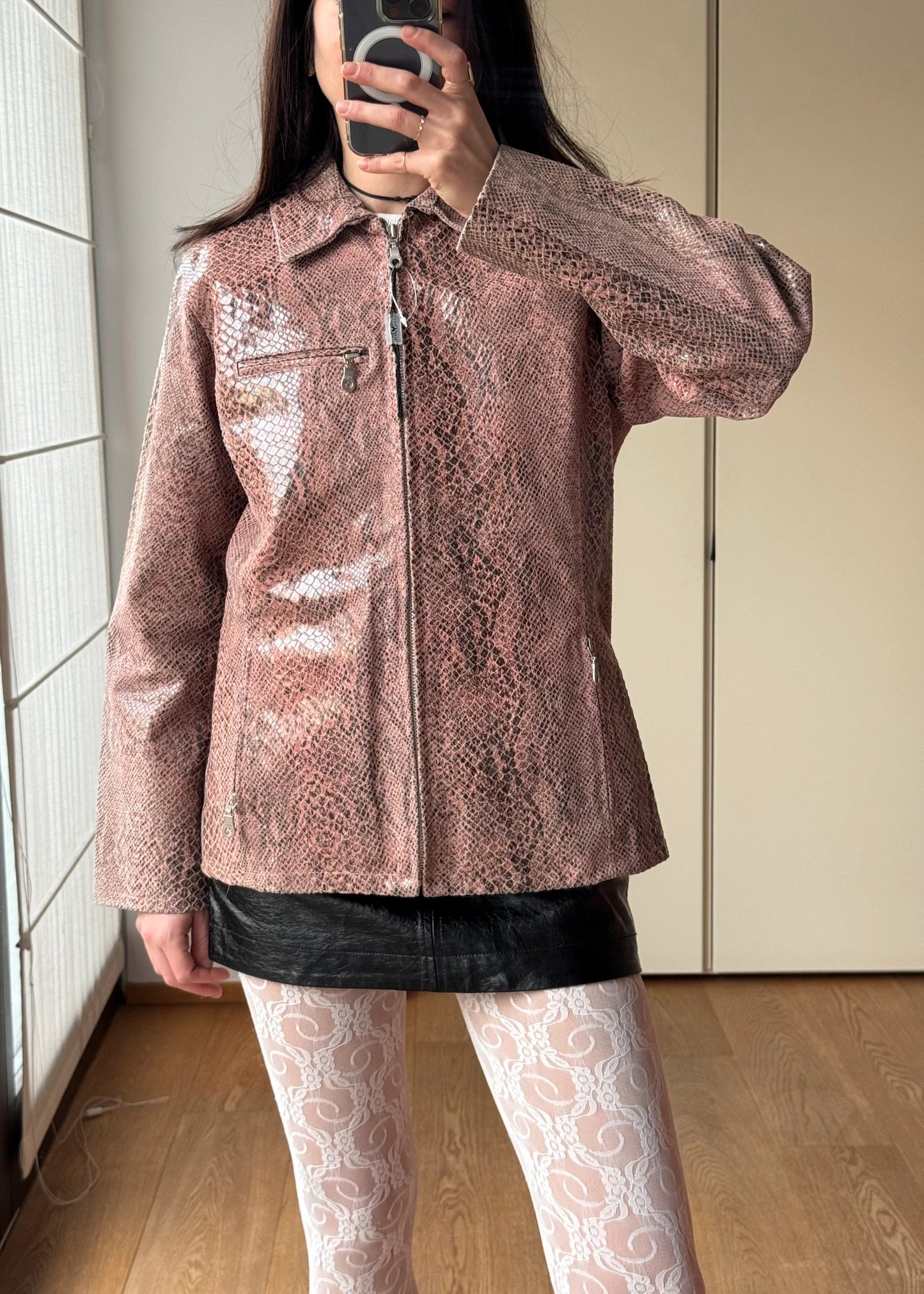 Giacca vintage in Pelle Stampa Pitone Rosa