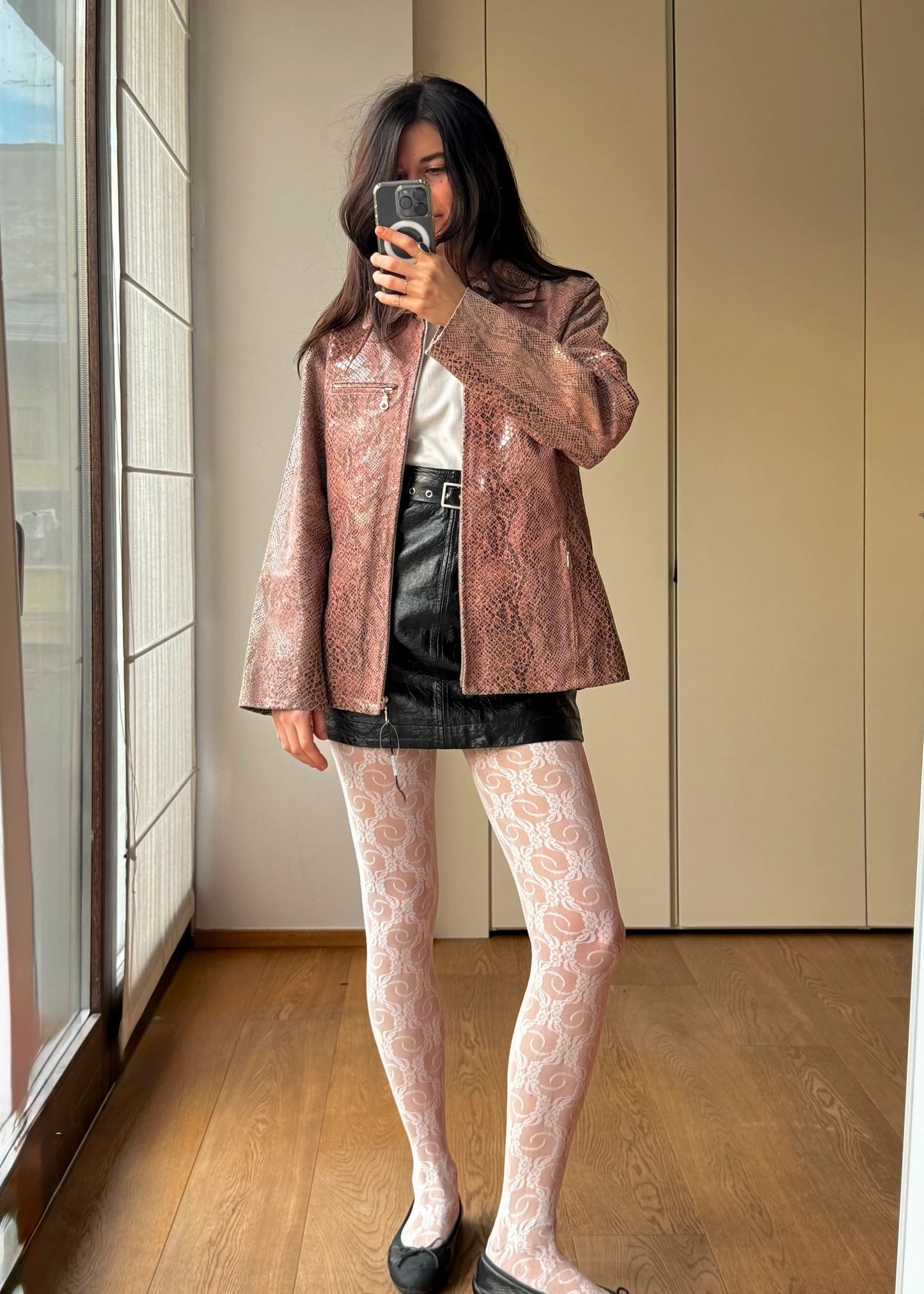 Giacca vintage in Pelle Stampa Pitone Rosa