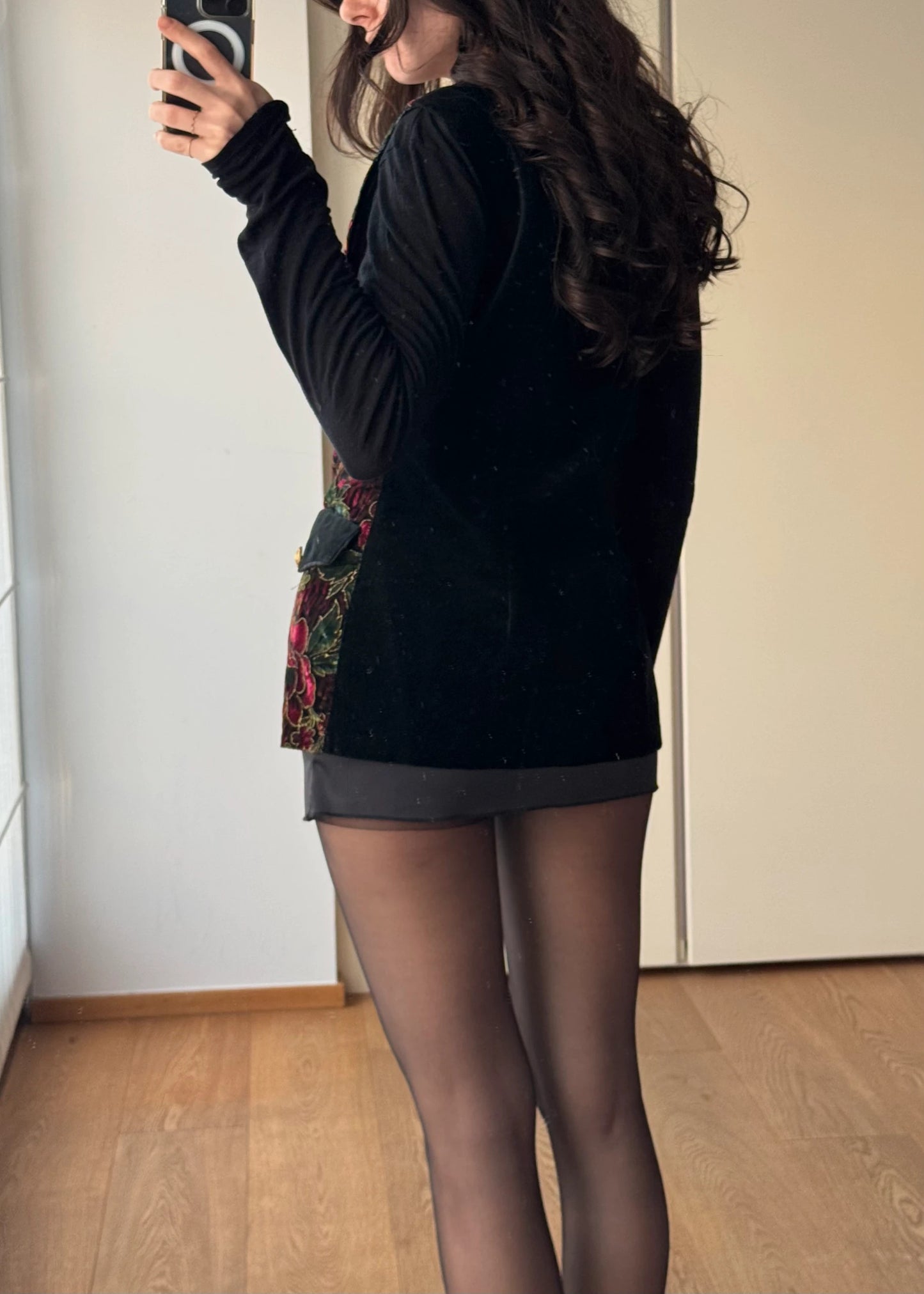 Gilet Vintage bordeaux e nero in Velluto Floreale